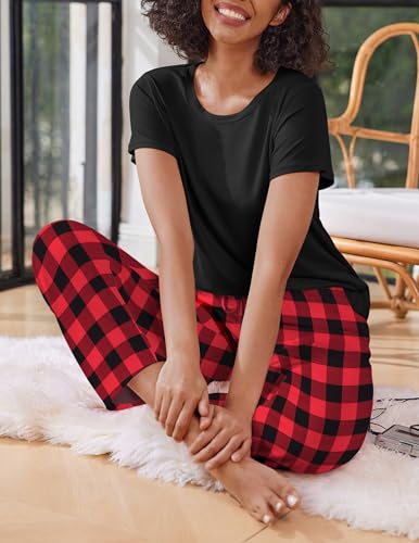 Image of Ekouaer 2 Pack Pajamas for Women Set Short Sleeve Sleepwear Top and Pants Pjs Soft Printed Lounge Sets with Pockets