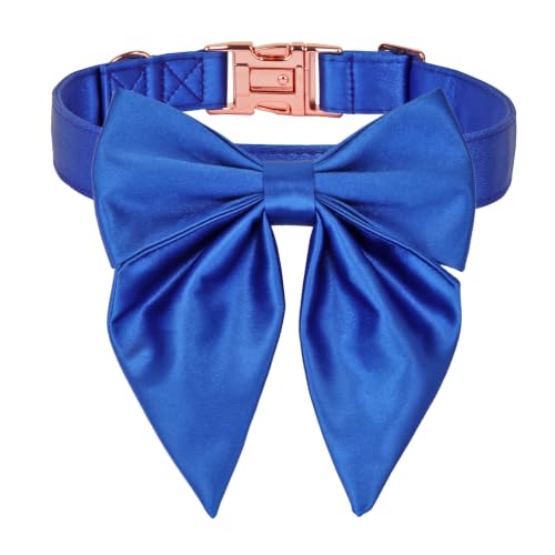 ADOGGYGO Boy Dog Collar with Bow Tie, Silk Blue Dog Wedding Collar, X-Large