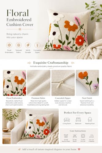 Image of Prista Embroidered Cushion Covers Set of 2 (16x16 Inch) | Floral Cushion Cover for Sofa | Decorative Throw Pillow Covers for Living Room | Hidden Zipper (Multicolor Floral)