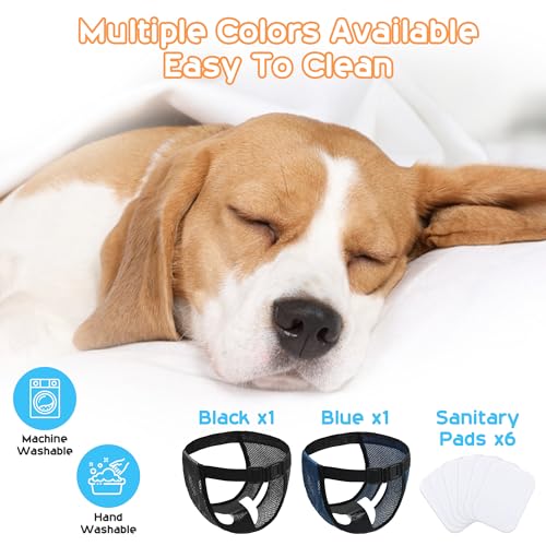 WUFANC 2er Pack Läufigkeitshose für Hündinnen Waschbare Schutzhöschen Wiederverwendbar Hundewindeln Hundehose mit 6 Damenbinde Verstellbare Schutzhose für Hunde Läufigkeit, Schwarz und Blau (L)
