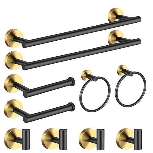 XXINLOOY- Juego de 10 accesorios para el baño, 2 toalleros de 40 cm + 2 porta papel higiénico + 2 anillos para toallas + 4 ganchos para toallas, acero inoxidable 304 (negro y dorado)