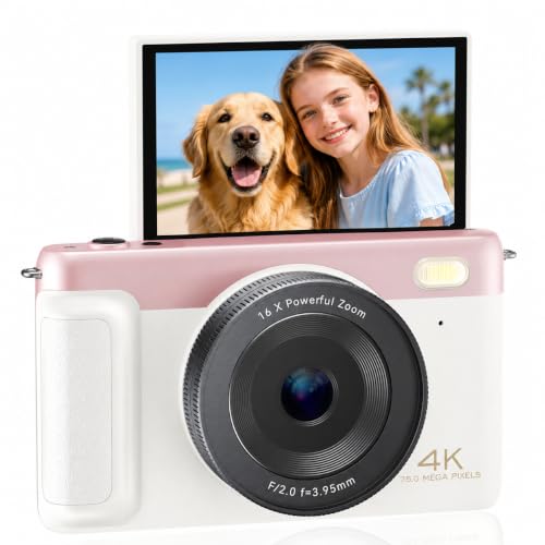 Image of 4K Digital Camera 75MP Autofocus Vlogging Camera, WiFi Compact Point and Shoot Camera 3 Inch 180Flip Screen, 16X Zoom Anti-Shake 32GB SD 2500mAh Battery for YouTube Teens Beginners Travel Photography