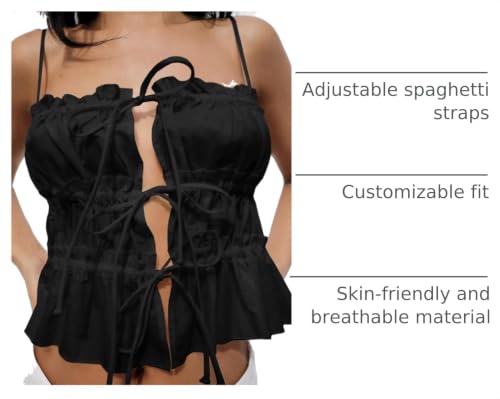 Image of Tankaneo Womens Summer Tie Front Crop Tops Cute Ruffle Ruched Spaghetti Strap Tank Tops Y2K Going Out Shirts