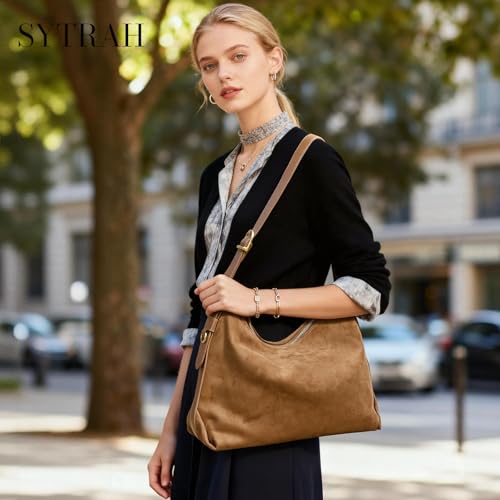 Hobo Bags for Women Slouchy Shoulder Suede Purse, Soft Crossbody Handbag with Multiple Pockets Casual Tote Purse with Adjustable Strap Brown - Image 4