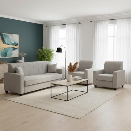 Image of FURNY Cosmos 5 Seater Fabric 3+1+1 Sofa Set (Light Grey) Premium Velvet Finish | Durable Comfort | Ideal for Living Room