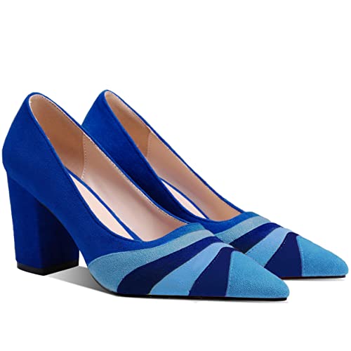 LEHOOR Women Rainbow Chunky Heel Pumps Pointed Toe Suede Multicolor High Heels 3 Inch Slip On Closed Toe Block Dress Pumps for Ladies Party Office Classic Comfy Retro Fashion 4-13 M US4