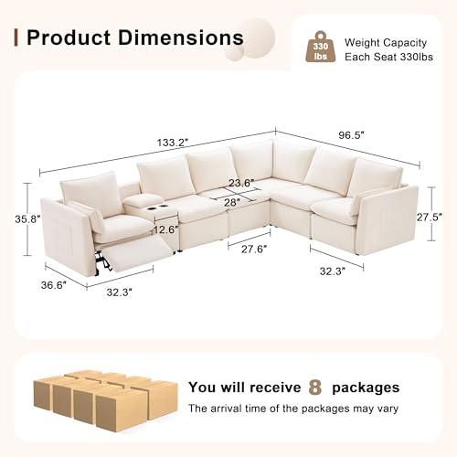 Image of 6-Seater Power Reclining Sectional Sofa Set with Storage Console, Wall-Hugger Recliner Sectional Couch with Cup Holders, Reclining Sectional Couch for Living Room (Chenille, Beige)