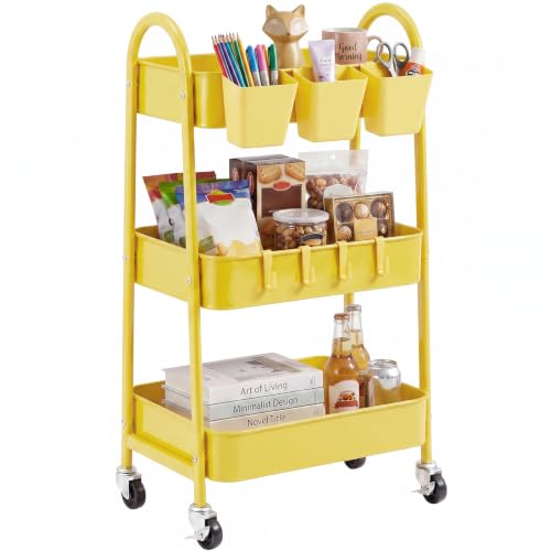 Image of danpinera 3-Tier Rolling Cart, Utility Cart Mobile Metal Rolling Storage Cart with Lockable Wheels & Hanging Cups & Hooks for Kitchen, Bathroom, Office, Workshop, Yellow
