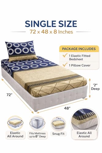 Image of Premium Glace Cotton Fitted Single Bed Sheet - Soft Cotton Feel, Snug Fit for 8 inch Thick Mattress, 4ft x 6ft Elasticated Bedspread with Pillow Case Brown Check
