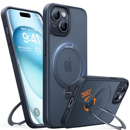 TORRAS Ostand Q3 Spin für iPhone 15 Hülle (360° Magnetischer Unsichtbarer Ständer) Zertifizierte Militärschutz, MagSafe Kompatibel, Stoßfest Kratzfeste Matt Rückseite Handyhülle Schwarz