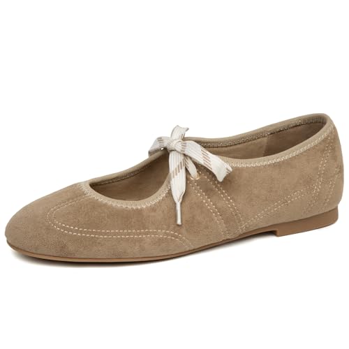 SUIARA Brown Ballet Flats for Women Round Toe Slip On Mary Jane Flats Comfortable Strappy Ballerina Shoes