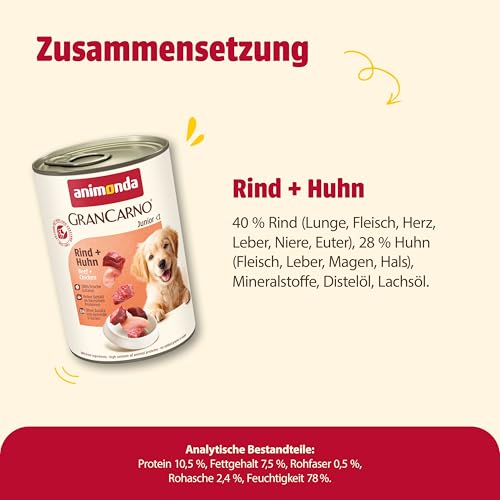 animonda GranCarno Hunde Nassfutter mit Rind + Huhn (6 x 400g), Welpenfutter nass ohne Getreide für Junge Hunde, mit frischen fleischigen Zutaten, Junior Hundefutter