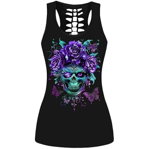 Sister Amy Women's Comfortable Patterns Print Hollow Out T-Shirt Crew Neck Plus Size Tank Top A-Skull Large Cover