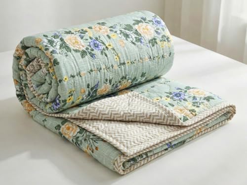 Image of HOMEKART Ultrasonic Quilted AC Comforter 220 GSM (1500g) Premium Microfiber Reversible All-Season Blanket for Double Bed|Ultra Soft, & Lightweight, Quilt /Duvet | Comforter (Light Green, 225CMx220CM)
