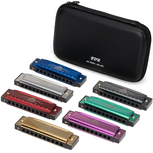 JDR Harmonica Set of 7 Key of C D E F G A and Bb 10 Holes 20 Tones Blues Harp Diatonic Mouth Organ Armonica with EVA Protective Case for Adults Beginner and Professionals Gift Colorful