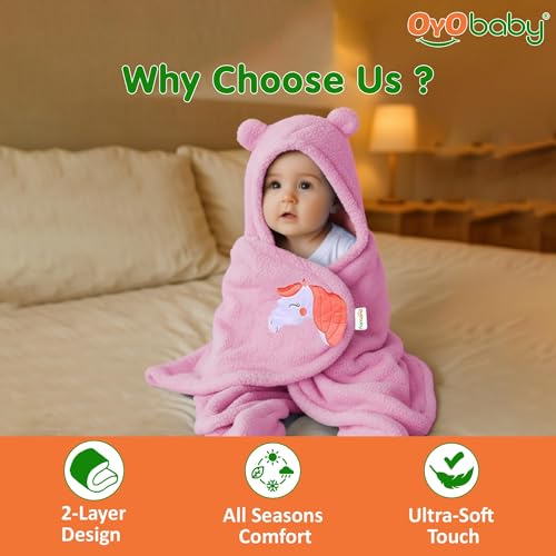 Image of OYO BABY Newborn Blanket Combo Pack | Hooded Sleeping Bag Wrapper & Baby Bath Towel | Soft & Durable Polycotton Fabric | Comfortable in All Seasons | Easy Care | 0-12 Months | Pink Kitty & Unicorn