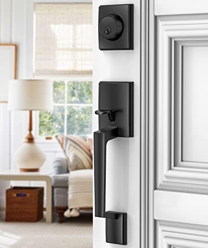 Brightify Black Front Door Handle, Matte Black Exterior Door Handle with Door Lever, Modern Front Door Lock Set, Adjustable Deadbolt Lock Set with Single Cylinder, Reversible for Right&Left Handed