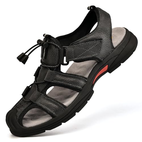 Mens Athletic Leather Sandals Closed Toe Hiking Outdoor Non-Slip Sandals Cushion Sport Casual Fashion Comfortable Beach Shoes