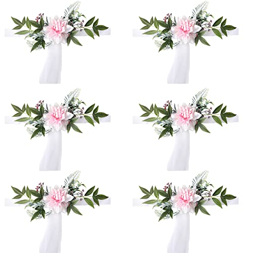 Lot de 6 décorations de chaise d'allée de mariage avec gaze de 1,5 m, fleurs artificielles violettes pour chaise d'église, banc, décoration de cérémonie de mariage