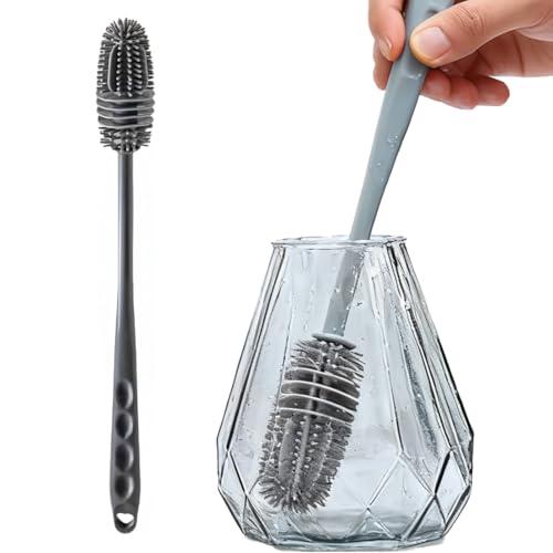 ZORVYN 26 cm Scovolino in Silicone per Bottiglie, Spazzola per Pulire Bottiglie a Collo Stretto, Borracce e Contenitori in Vetro (Grigio)