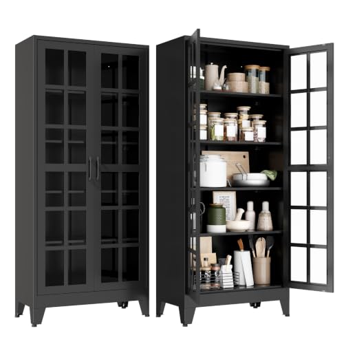 Image of Metal Storage Cabinet with Glass Doors and Adjustable Shelves