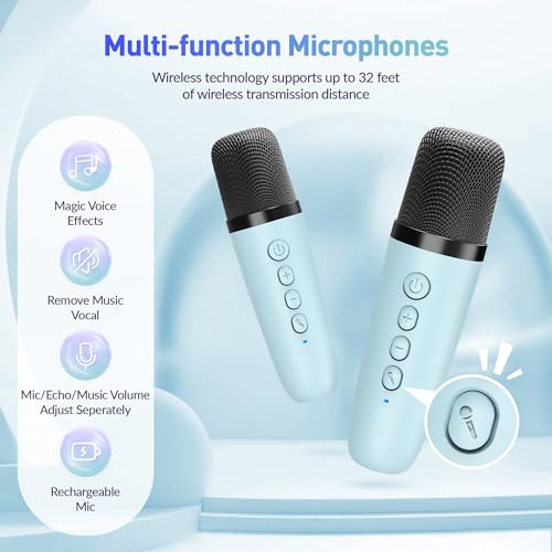 Image of Karaoke Machine, Portable Bluetooth Speaker with 2 Wireless Microphones for Kids, Karaoke Toys Gifts Toys for Girls Boys Family Home Party (Blue)