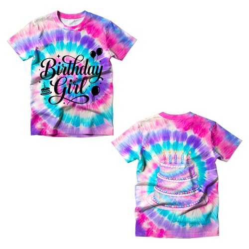 ZRWKYLF Birthday Girl Shirt Pink Purple Blue Tie Dye Shirts for 6-8 Years Old Kids Toddler Girls Cake Graphics Tees Party Outfits Tops