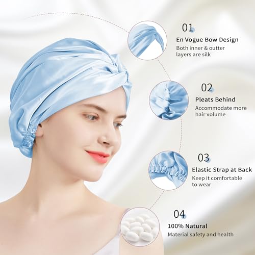 townssilk 100% seta di gelso, cappello da notte da donna, 16 momme, in seta, ideale per i capelli, protegge i capelli, cappello da notte in seta, doppio strato,iceblue