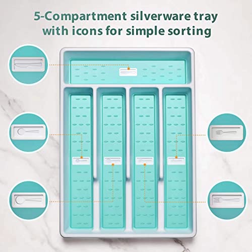 Joequality Silverware Organizer With Icons，Plastic Cutlery Silverware Tray For Drawer，Utensil Flatware Tableware Organizer For Kitchen With Non-Slip Tpr,Fits Standard Drawer,5-Compartment，Mint #TOP1