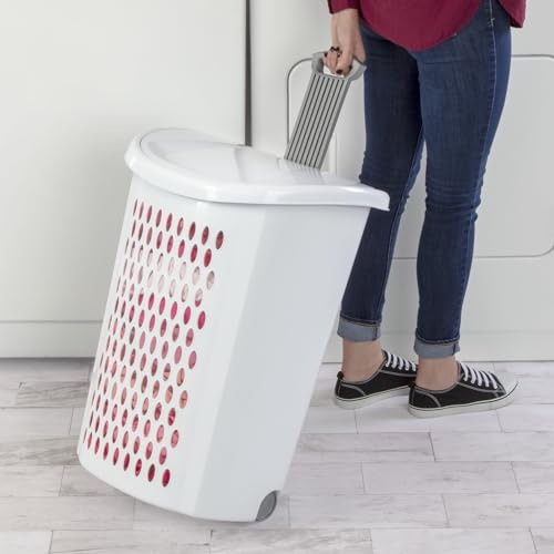 2 Bushel Wheeled Laundry Hamper, White Plastic Rolling Clothes Basket With Flip-Top Lid, Retractable Handle, Smooth Gliding Wheels, Airflow Oval Hole Design For Home Apartment Dorm Storage - Image 3