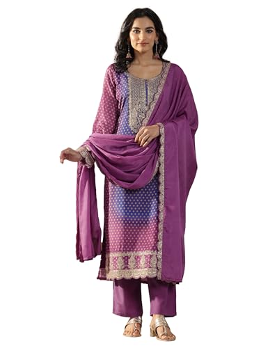 Image of Libas Womens Printed Silk Blend Straight Kurta With Trousers and Dupatta