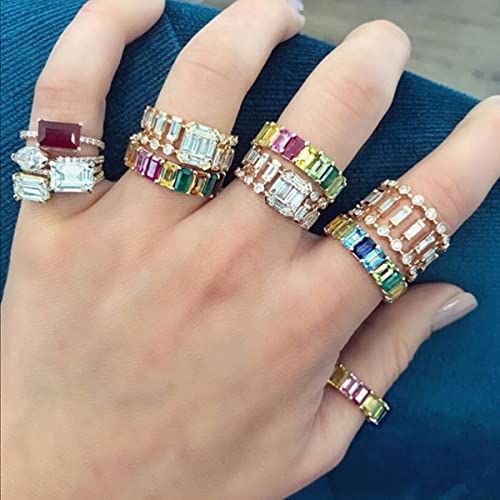 Image of Caiyao Green Emerald Eternity Paved Square Cubic Zirconia Promise Wedding Band Rings Gold Plated Baguette Jewelry Rectangle Emerald-Cut CZ Ring for Women Girls