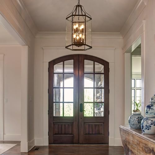 Lighceac 14 Inch Modern 8-Light Exterior Black Lantern Pendant Light Fixture With Clear Rippled Glass Mini Industrial Hanging Cage Chandelier For Outdoor Kitchen Dining Room Hallway Entryway Foyer Porch thumb #8