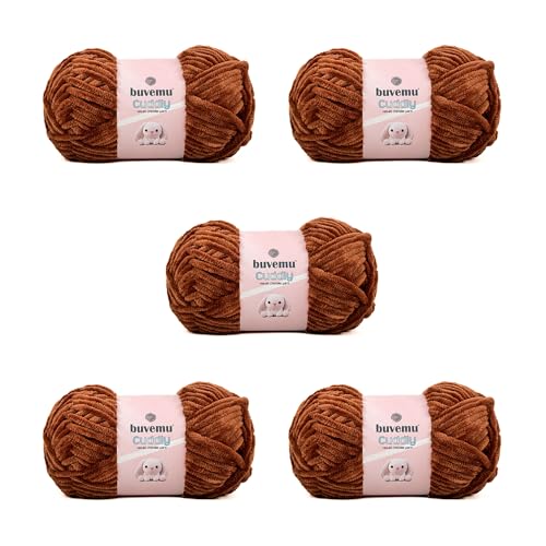 Image of Cuddly Velvet Chenille Yarn, Super Soft Fluffy Bulky for Knitting Crocheting Blanket Amigurumi, Durable for Shedding, 100 Gram (3.53 Ounces) 109 Yards (100 Meters) (Brown) (5 Skeins)