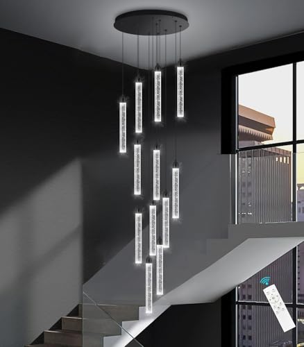Image of 12-Lights Modern Chandeliers for Entryway High Ceiling Chandelier LED Dimmable Long Lights Fixture Pendants Lighting Crystal Chandeliers for Hallway Foyer Living Room Black Finished Lighting