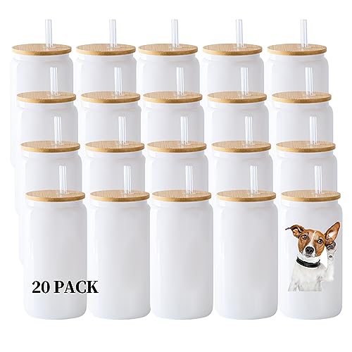 YOUKE OLA 20 Pack Sublimation Blank White Glass Cans Sublimation Beer Glass Cups with Bamboo Lids Borosilicate Glasses Tumbler Mason Jar Cups Mug with Straw for Beer, Juice, Drinks 16oz White