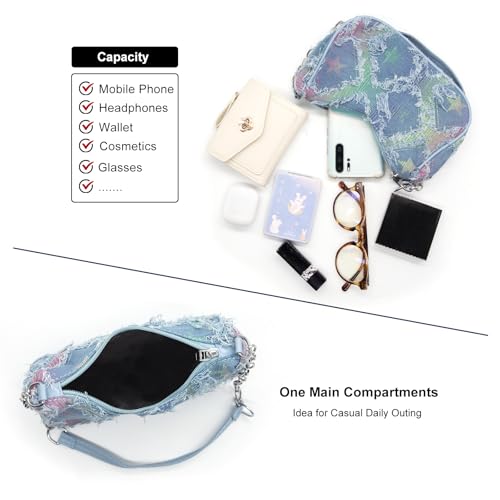 Bolso bandolera acolchado de mezclilla para mujer YAMEIZE con estampado de estrella, tipo clutch o hobo, bolso tote pequeño con cierre de cremallera miniatura 5