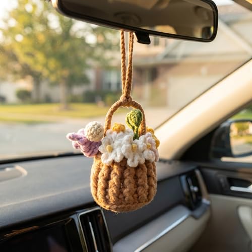 Cute car Accessories Crochet Hanging Basket Flower Plant car Ornament for Rearview Mirror Decor Interior Aesthetic Plant Lovers Gifts for Women and Men (Bell Flower Basket)