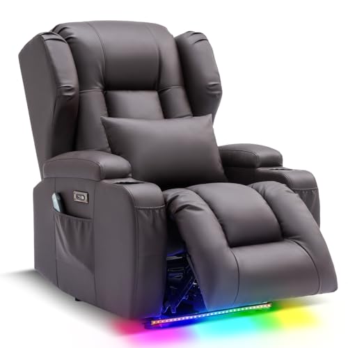 Image of Oprisen Wall Hugger Power Recliner Chair, Overstuffed Home Theater Seating w /Heat Massage Electric Movie Gaming Sofa Reclining Sleeper Chair with LED Light /Lumbar Pillow /Cup Holders