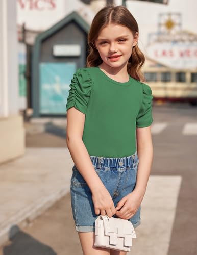 Image of Arshiner Girls Puff Short Sleeve Shirts Summer Ribbed Knit Crewneck T Shirt Tops Tee Blouse