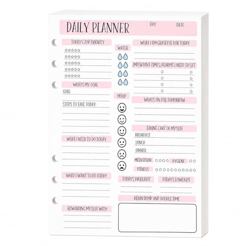 A5 Daily Planner Inserts Self Care Planner Refill Pages for A5 6-Ring Binder 6-Hole Punched Undated Inserts with Goal Gratitude Mood Water & Brain Dump 100 Sheets 5.8 x 8.3