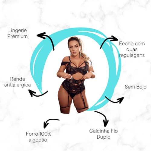 Conjunto Lingerie Rendado Confortável Detalhes em Alça e Acessórios Sensual Blogueira Sexy(Preto, M)
