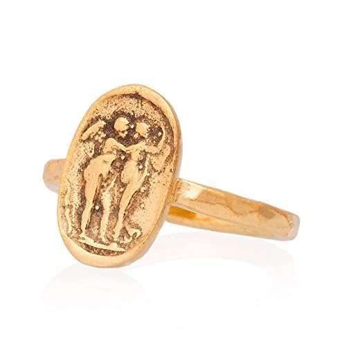 Anello con moneta d'angelo, anello con moneta romana antica, anello con moneta con sigillo. Anello in argento greco antico placcato oro 24 carati.