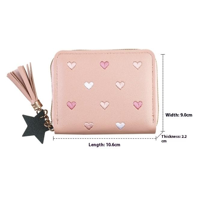 1Pc Blue Pink Cute Wallet with Zipper PU Leather Wallet Credit Card Holder Small Travel Wallet with Heart Embroidery Star Tassels Pendant for Womens2