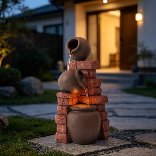 Image of Earthenware Jar Outdoor Water Fountain, Resin & LED Light, 26 in