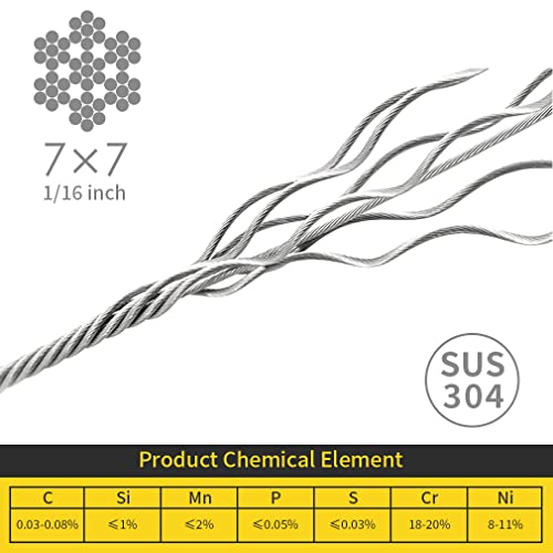 1/16 Wire Rope, 100FT 304 Stainless Steel Cable with 50Pcs Crimp Sleeves, Aircraft Grade, 7x7 Strand, 368lbs Breaking Strength, for Garden Trellis, Clothesline, Railing,Trellis