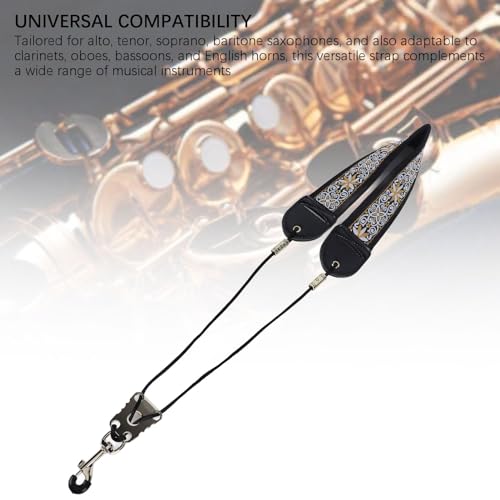 Tihebeyan Embroidery Saxophone Neck Strap, Adjustable Instrument Accessories with Metal Hook, Ergonomic Design for Alto Tenor Sax, Suitable for Baritone Soprano Clarinet Oboe (TS‑08