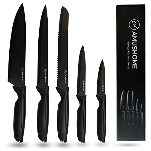 AMUSHOME Kitchen Knife Set of 5 Stainless Steel Sharp Kitchen Knives Set with Ergonomic Handle Include Paring, Utility, Bread and Chef Knife Set