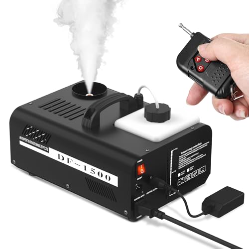 Máquina de humo vertical de 1500 W con control remoto inalámbrico, máquina de humo de temperatura constante, salida de 20 000 CFM, calentamiento rápido, tanque de 2,2 L para iluminación escénica DJ, bodas, fiestas y Halloween miniatura 1