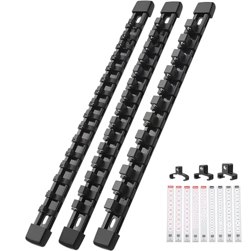 Image of Reniteco 3-Pack Socket Organizer Set, 1 /4 inch x 16 3 /8 inch x 15 1 /2 inch x 12 Clips | 43 Clip Capacity, Havy-Duty ABS Socket Rails, Removable Clips, Drive Socket Storage, Toolbox Drawer or Wall Mount
